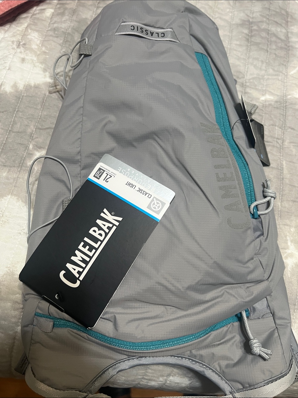 CamelBak Classic Light Gray Backpack with Teal Zippers